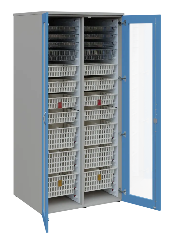 EUROMEDICA S - 90 skříň léková boxová, 2-dveřová/prosklená, 1950x900x735, korpus šedý, dvířka pastelově modrá